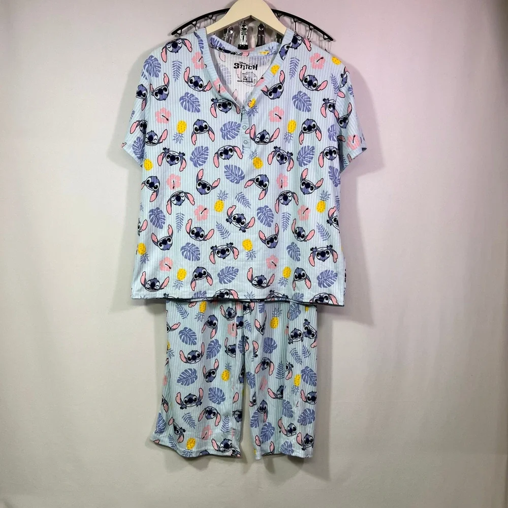 Disney Stitch Tropical Ribbed Pajama Set Womens Small Blue Henley Top Pants 2pc